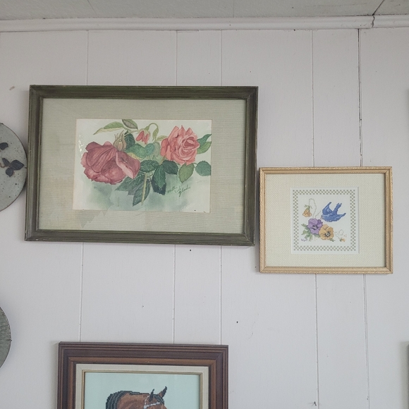 Blue Bird and Pansy Cross-stitch framed matted and under glass ready to hang - Picture 8 of 8